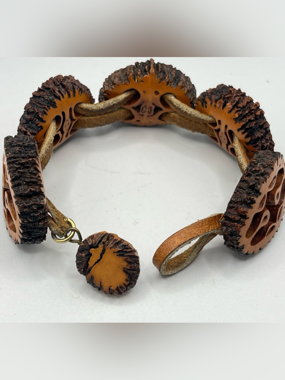 Artisan Carved Black Walnut & Leather Bracelet - Picture 10 of 11
